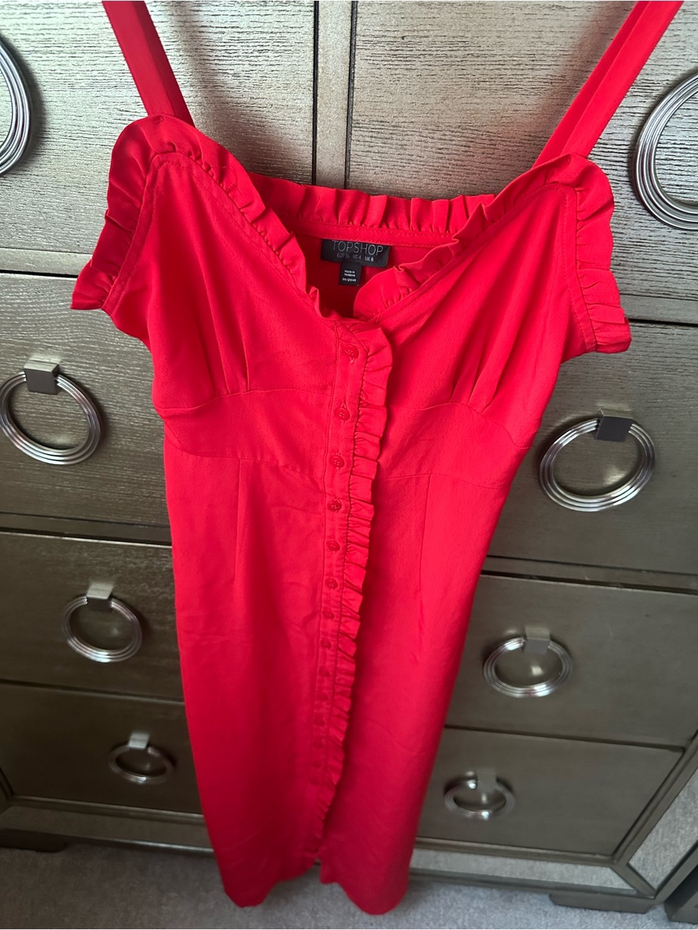 🛍️SALE🛍️ Topshop Red Ruffle-Trim Button Front Dress - Picture 7 of 9